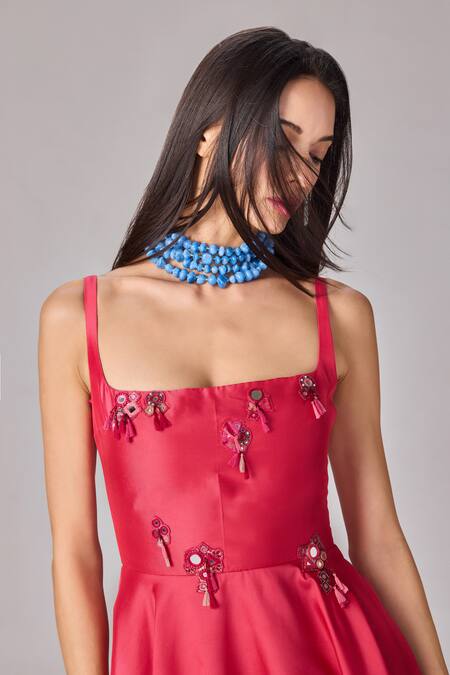 Buy Saaksha & Kinni Pink Taffeta Mirrors, Tassels, Embroidery Square Neck Hand Maxi Dress Online at Aza Fashions Buy_Saaksha & Kinni_Pink Taffeta Mirrors, Tassels, Embroidery Square Neck Hand Maxi Dress_Online_at_Aza_Fashions