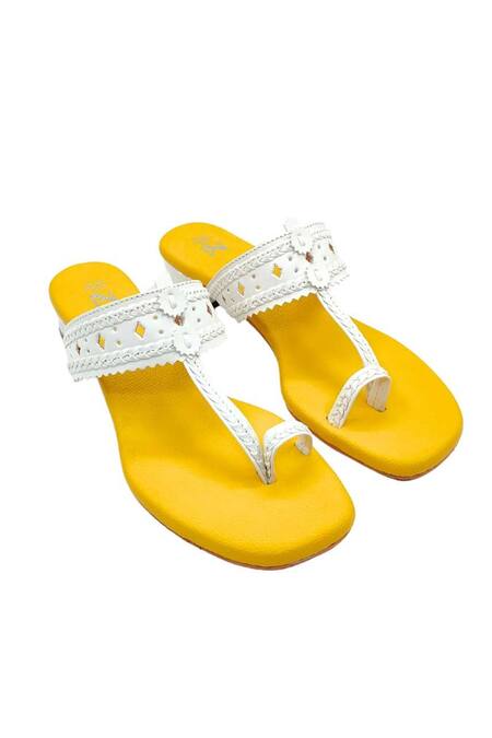 The Madras Trunk_Yellow Faux Leather Kolhapuri Heels _at_Aza_Fashions