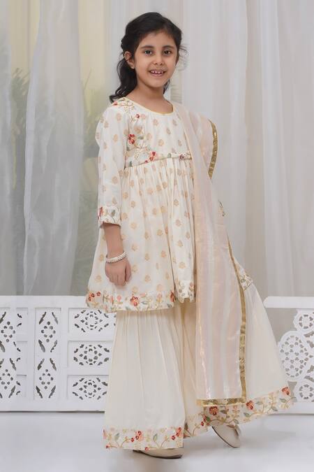 Buy_Little Bansi_Cream Cotton Embroidery Floral Kurta Sharara Set_Online_at_Aza_Fashions
