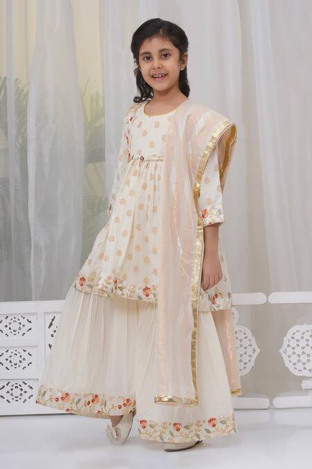Shop_Little Bansi_Cream Cotton Embroidery Floral Kurta Sharara Set_Online_at_Aza_Fashions
