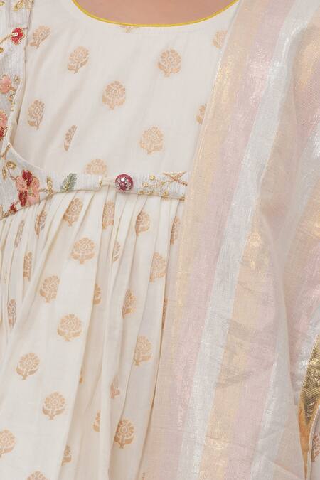 Buy_Little Bansi_Cream Cotton Embroidery Floral Kurta Sharara Set