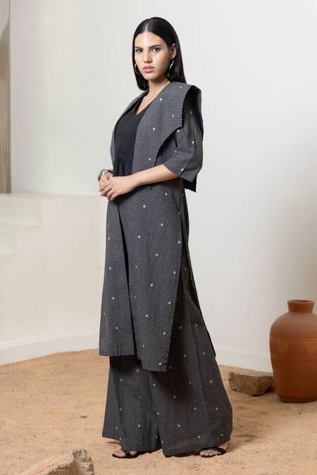 Orcr Black Cotton Beads Open Neck, Checkered Jacket Pant Set Online at Aza Fashions Orcr_Black Cotton Beads Open Neck, Checkered Jacket Pant Set _Online_at_Aza_Fashions