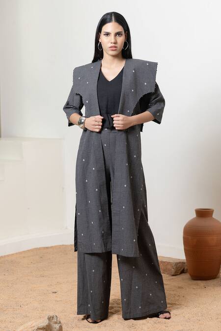 Buy Orcr Black Cotton Beads Open Neck, Checkered Jacket Pant Set Online at Aza Fashions Buy_Orcr_Black Cotton Beads Open Neck, Checkered Jacket Pant Set _Online_at_Aza_Fashions