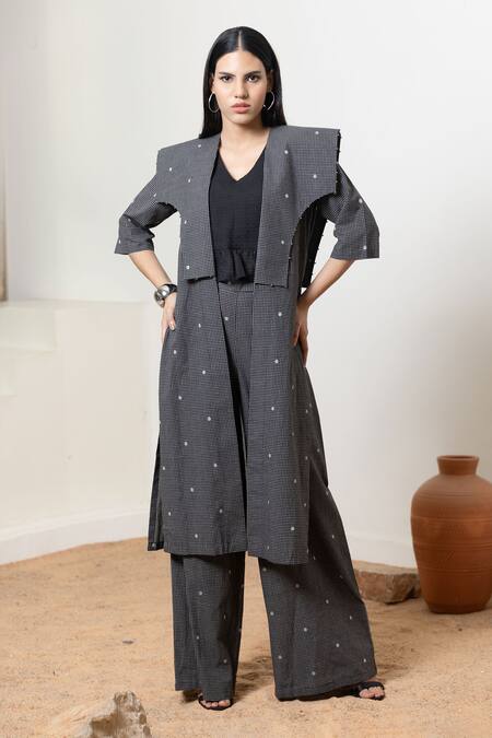 Shop Orcr Black Cotton Beads Open Neck, Checkered Jacket Pant Set Online at Aza Fashions Shop_Orcr_Black Cotton Beads Open Neck, Checkered Jacket Pant Set _Online_at_Aza_Fashions