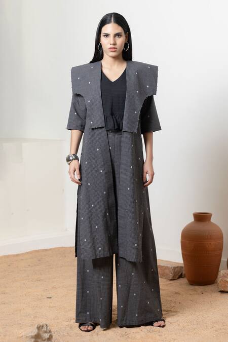 Orcr Black Cotton Beads Open Neck, Checkered Jacket Pant Set at Aza Fashions Orcr_Black Cotton Beads Open Neck, Checkered Jacket Pant Set _at_Aza_Fashions