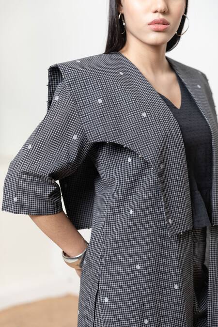 Buy Orcr Black Cotton Beads Open Neck, Checkered Jacket Pant Set Buy_Orcr_Black Cotton Beads Open Neck, Checkered Jacket Pant Set