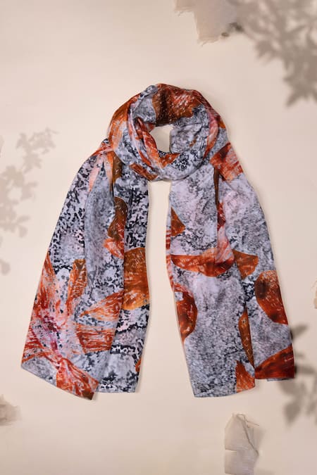Unallume By Nisha Orange Orchid Charm Silk Scarf