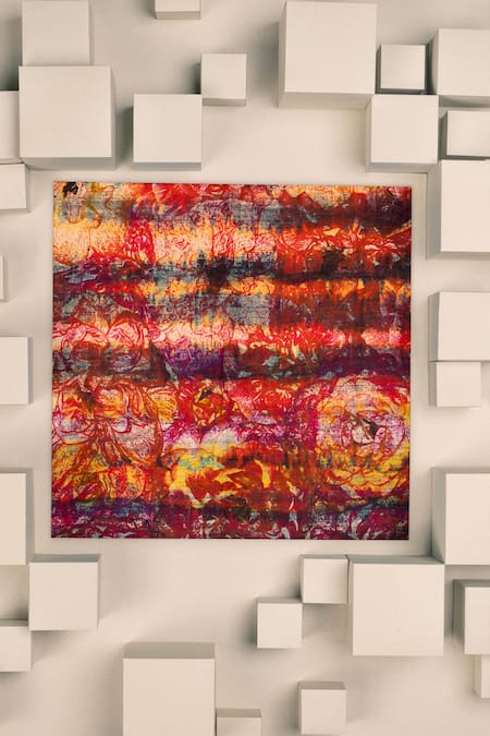 Shop_Unallume By Nisha_Multi Color Crimson Bloom Silk Pocket Square _at_Aza_Fashions