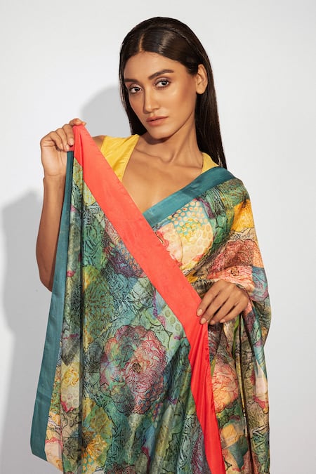 Unallume By Nisha_Multi Color Silk Garden Oasis Printed Saree _Online_at_Aza_Fashions