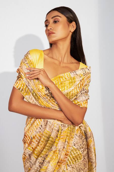 Unallume By Nisha_Yellow Cotton, Silk Radiant Orchid Bloom Saree _Online_at_Aza_Fashions