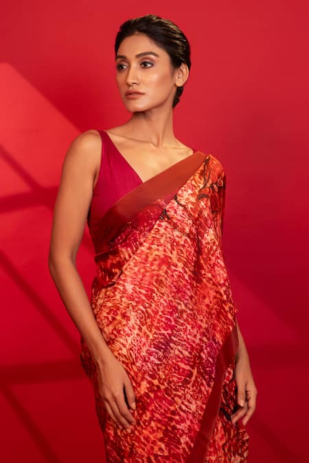 Unallume By Nisha Red Silk Embroidery Floral Camouflage Saree Online at Aza Fashions Unallume By Nisha_Red Silk Embroidery Floral Camouflage Saree _Online_at_Aza_Fashions