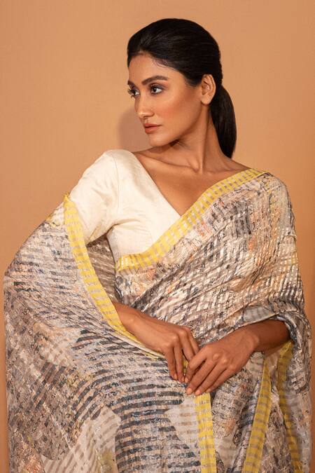 Unallume By Nisha_Gray Cotton, Silk Embroidery Misty Citrus Printed Saree _Online_at_Aza_Fashions