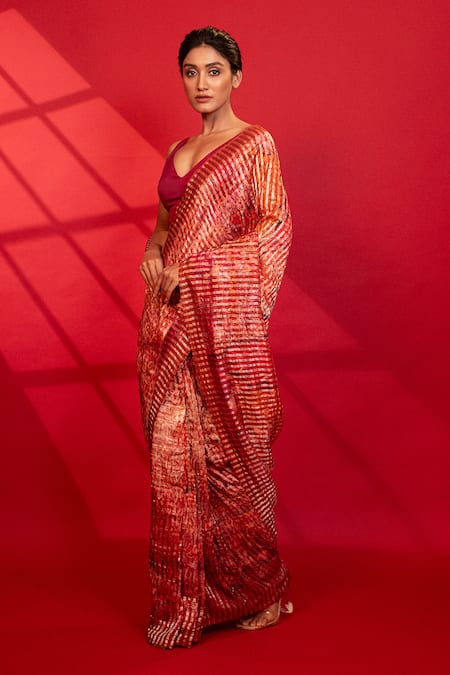 Unallume By Nisha Red Silk, Cotton Embroidery Round Neck Scarlet Bloom Saree Online at Aza Fashions Unallume By Nisha_Red Silk, Cotton Embroidery Round Neck Scarlet Bloom Saree _Online_at_Aza_Fashions