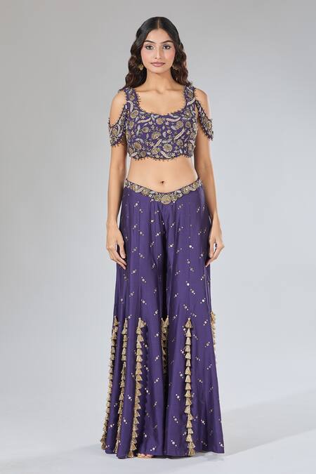Payal Singhal_Purple Zari, Beads, Tassels, Sequins Round Neck Embroidered Blouse And Sharara Set _Online_at_Aza_Fashions