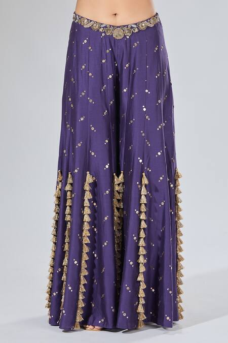 Buy_Payal Singhal_Purple Zari, Beads, Tassels, Sequins Round Neck Embroidered Blouse And Sharara Set _Online_at_Aza_Fashions