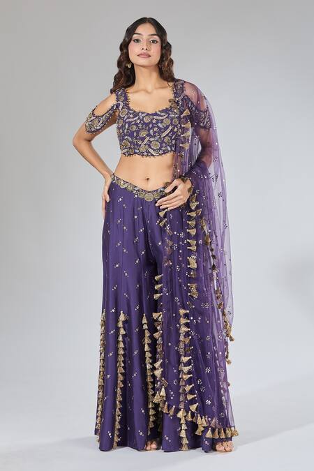 Shop_Payal Singhal_Purple Zari, Beads, Tassels, Sequins Round Neck Embroidered Blouse And Sharara Set _Online_at_Aza_Fashions