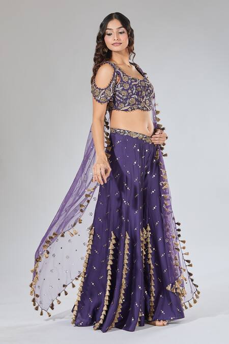 Payal Singhal_Purple Zari, Beads, Tassels, Sequins Round Neck Embroidered Blouse And Sharara Set _at_Aza_Fashions