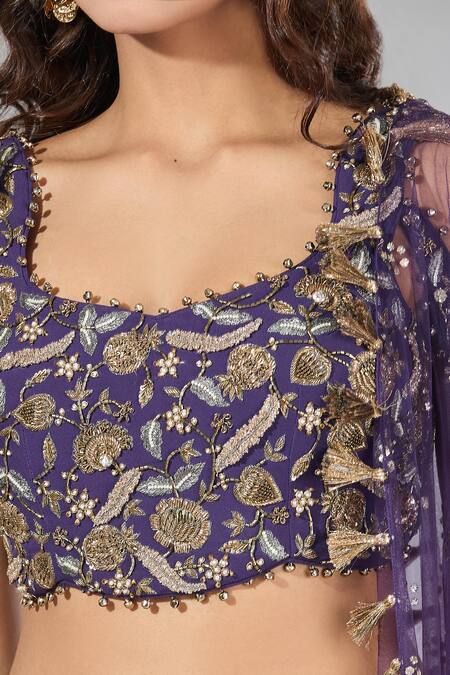 Buy_Payal Singhal_Purple Zari, Beads, Tassels, Sequins Round Neck Embroidered Blouse And Sharara Set 