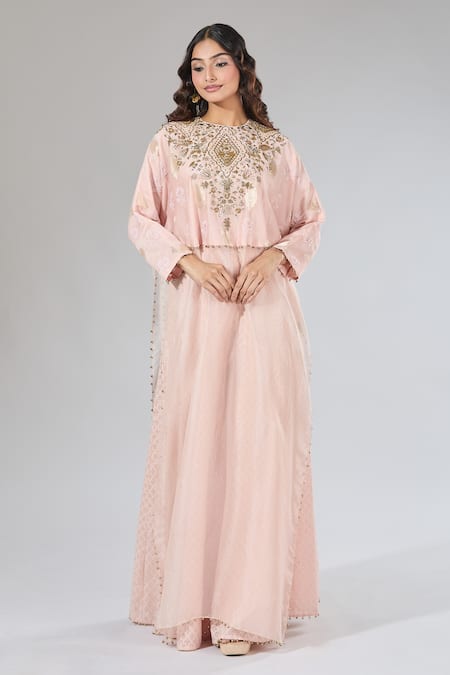 Payal Singhal_Pink Embroidery, Zari, Pearls Round Neck Floral Tunic And Palazzo Set _Online_at_Aza_Fashions