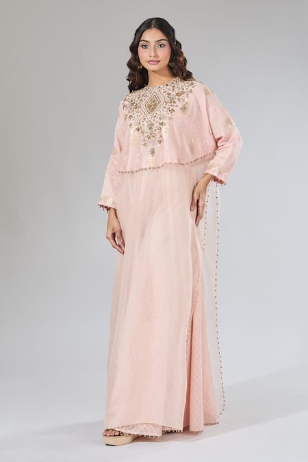 Buy_Payal Singhal_Pink Embroidery, Zari, Pearls Round Neck Floral Tunic And Palazzo Set _Online_at_Aza_Fashions