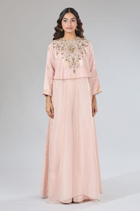 Shop_Payal Singhal_Pink Embroidery, Zari, Pearls Round Neck Floral Tunic And Palazzo Set _Online_at_Aza_Fashions