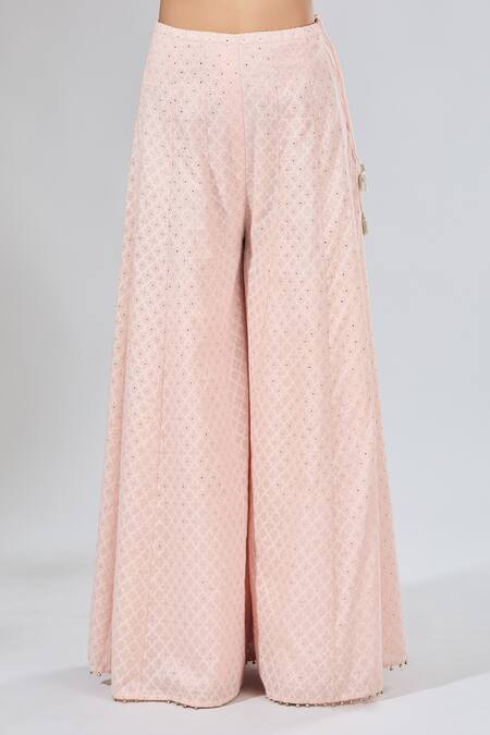 Payal Singhal_Pink Embroidery, Zari, Pearls Round Neck Floral Tunic And Palazzo Set _at_Aza_Fashions