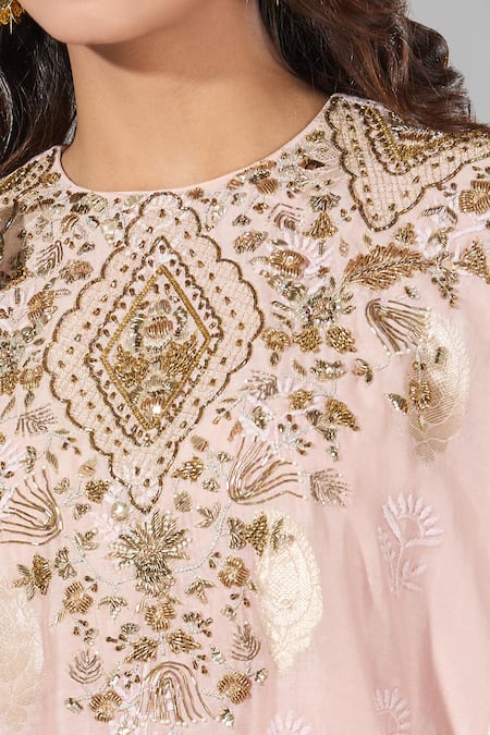Buy_Payal Singhal_Pink Embroidery, Zari, Pearls Round Neck Floral Tunic And Palazzo Set 