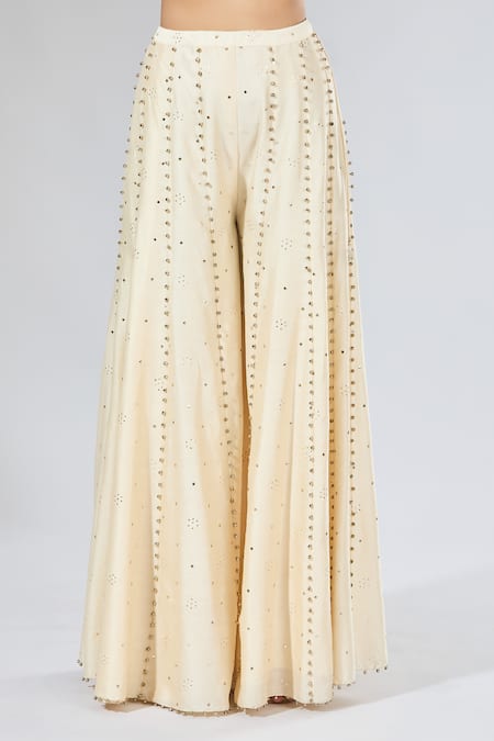 Payal Singhal_Beige Embroidery, Pearls Crescent Moon Top Sharara Set _Online_at_Aza_Fashions