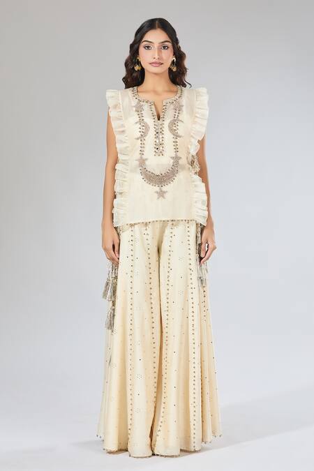 Buy_Payal Singhal_Beige Embroidery, Pearls Crescent Moon Top Sharara Set _Online_at_Aza_Fashions