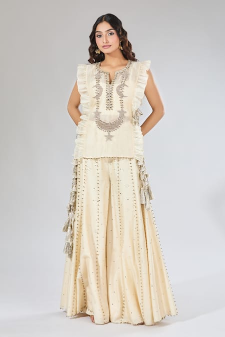 Payal Singhal_Beige Embroidery, Pearls Crescent Moon Top Sharara Set _at_Aza_Fashions