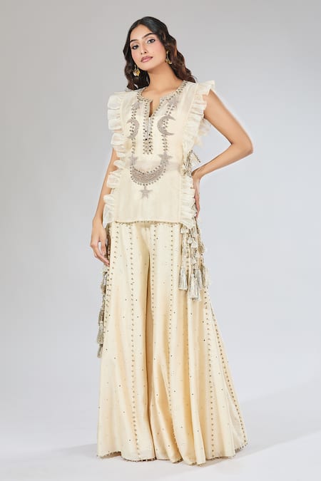 Buy_Payal Singhal_Beige Embroidery, Pearls Crescent Moon Top Sharara Set 