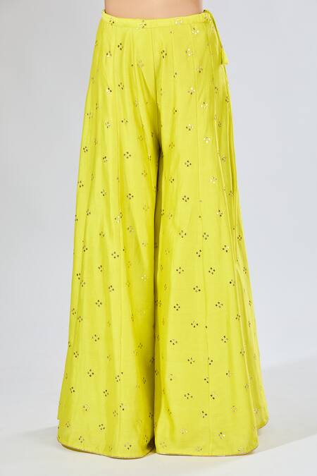 Payal Singhal_Green Tassels, Embroidery Round Neck Jaal Yellow Top And Sharara Set _Online_at_Aza_Fashions