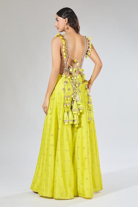 Shop_Payal Singhal_Green Tassels, Embroidery Round Neck Jaal Yellow Top And Sharara Set _at_Aza_Fashions