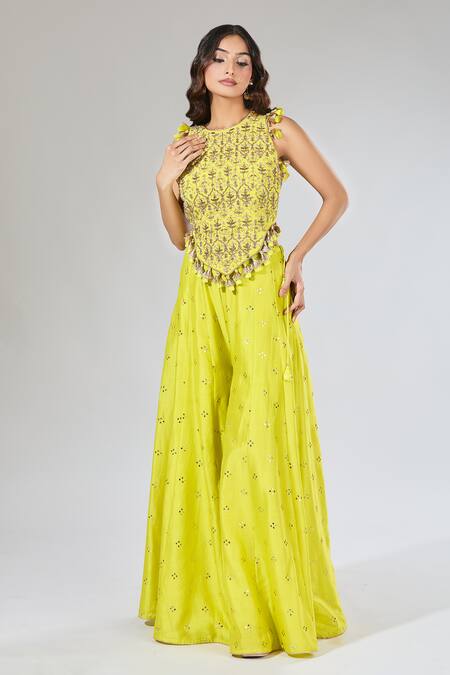 Buy_Payal Singhal_Green Tassels, Embroidery Round Neck Jaal Yellow Top And Sharara Set _Online_at_Aza_Fashions