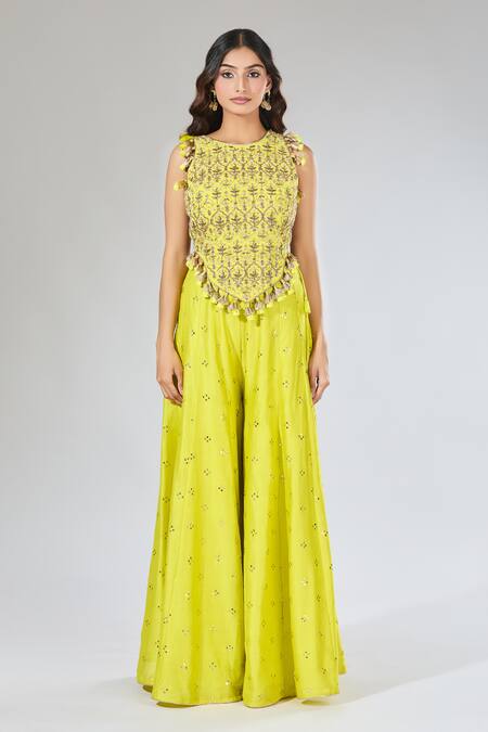 Shop_Payal Singhal_Green Tassels, Embroidery Round Neck Jaal Yellow Top And Sharara Set _Online_at_Aza_Fashions