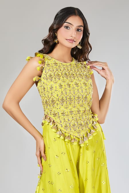 Buy_Payal Singhal_Green Tassels, Embroidery Round Neck Jaal Yellow Top And Sharara Set 