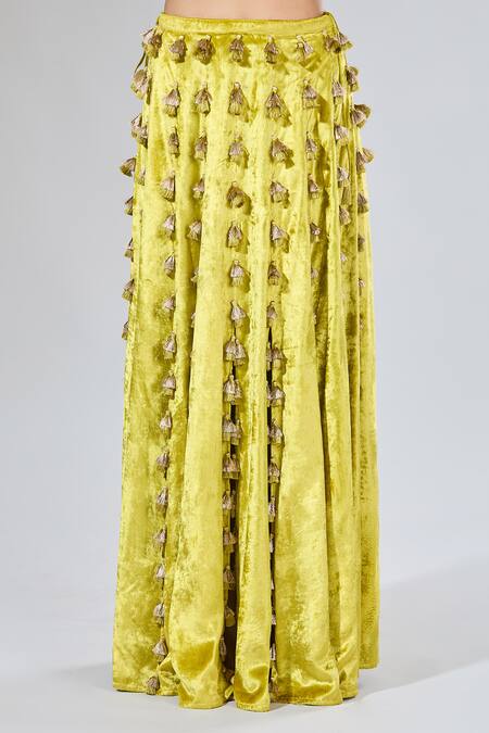 Payal Singhal_Green Velvet Tassels Floral Vine Embroidered Blouse And Skirt Set _Online_at_Aza_Fashions