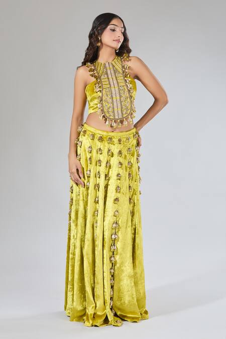 Buy_Payal Singhal_Green Velvet Tassels Floral Vine Embroidered Blouse And Skirt Set _Online_at_Aza_Fashions