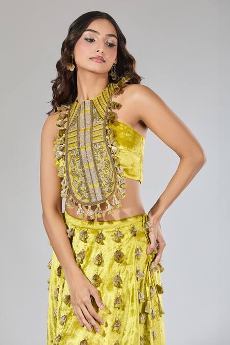 Buy_Payal Singhal_Green Velvet Tassels Floral Vine Embroidered Blouse And Skirt Set 