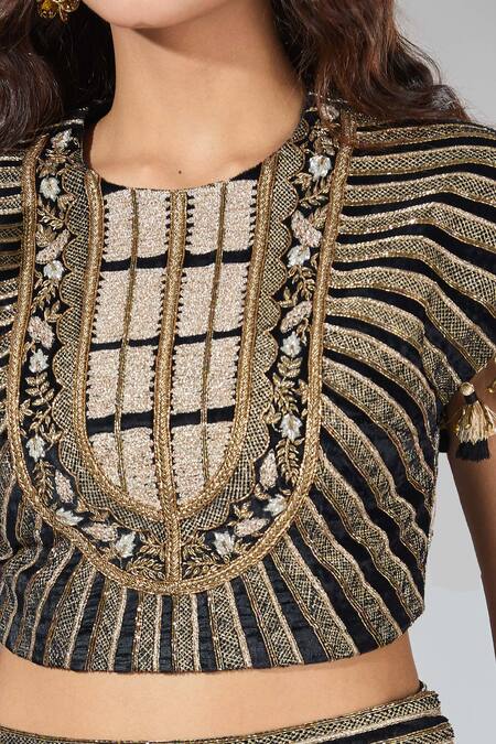 Payal Singhal_Blue Velvet Tassels, Embroidery Geometric Blouse And Dhoti Pant Set _Online_at_Aza_Fashions