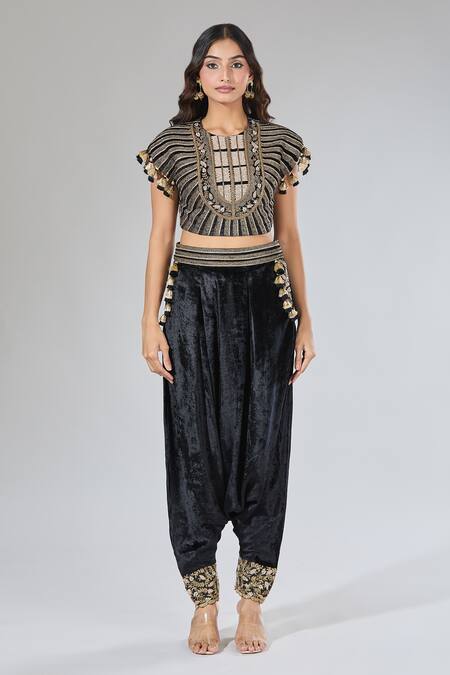 Buy_Payal Singhal_Blue Velvet Tassels, Embroidery Geometric Blouse And Dhoti Pant Set _Online_at_Aza_Fashions