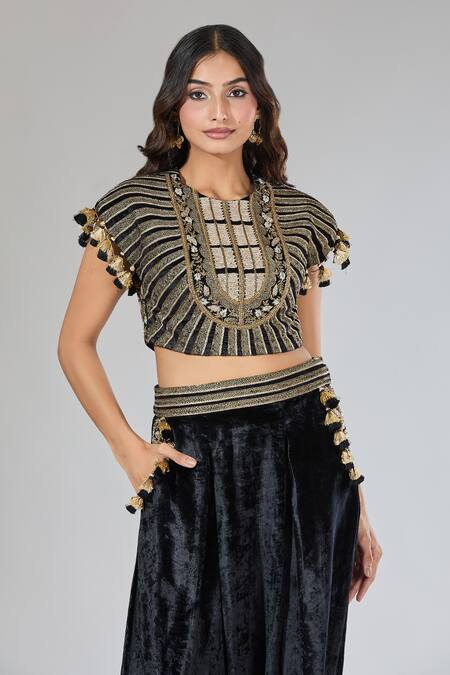 Shop_Payal Singhal_Blue Velvet Tassels, Embroidery Geometric Blouse And Dhoti Pant Set _Online_at_Aza_Fashions