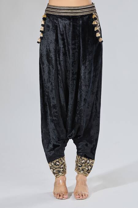 Payal Singhal_Blue Velvet Tassels, Embroidery Geometric Blouse And Dhoti Pant Set _at_Aza_Fashions