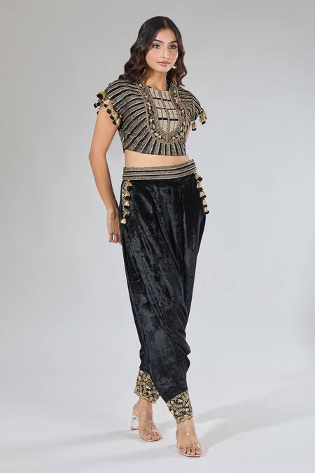 Buy_Payal Singhal_Blue Velvet Tassels, Embroidery Geometric Blouse And Dhoti Pant Set 