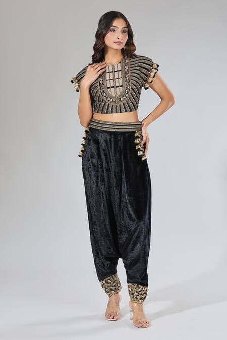 Shop_Payal Singhal_Blue Velvet Tassels, Embroidery Geometric Blouse And Dhoti Pant Set 