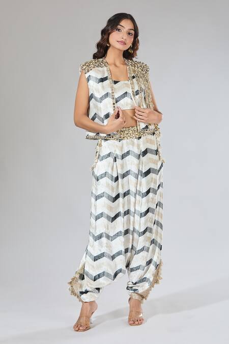 Shop_Payal Singhal_Beige Beads, Tassels, Pearls, Geometric Embroidered Jacket And Draped Pant Set _Online_at_Aza_Fashions