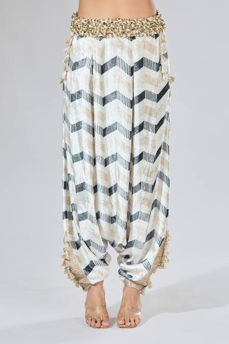 Payal Singhal_Beige Beads, Tassels, Pearls, Geometric Embroidered Jacket And Draped Pant Set _at_Aza_Fashions