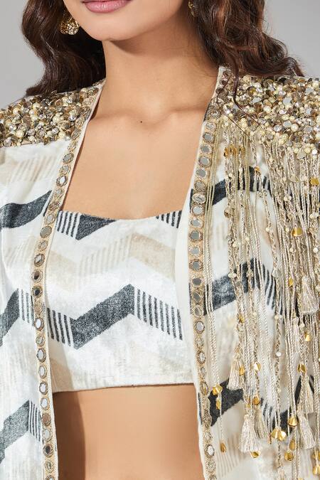 Buy_Payal Singhal_Beige Beads, Tassels, Pearls, Geometric Embroidered Jacket And Draped Pant Set 