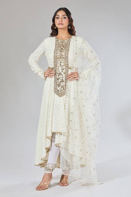 Buy_Payal Singhal_Ivory Zari, Pearls, Sequins, Beads, Embroidery Round Mughal Jaal Anarkali Set _Online_at_Aza_Fashions