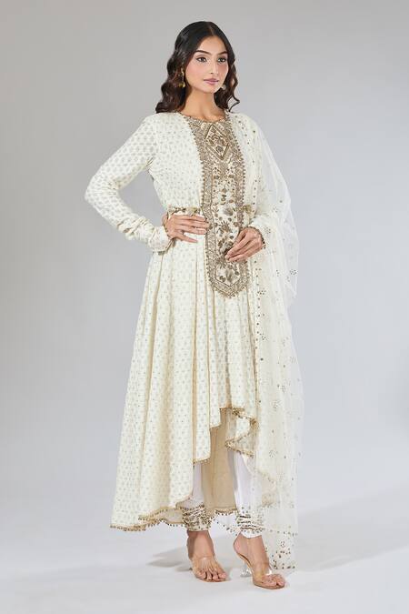 Buy_Payal Singhal_Ivory Zari, Pearls, Sequins, Beads, Embroidery Round Mughal Jaal Anarkali Set 